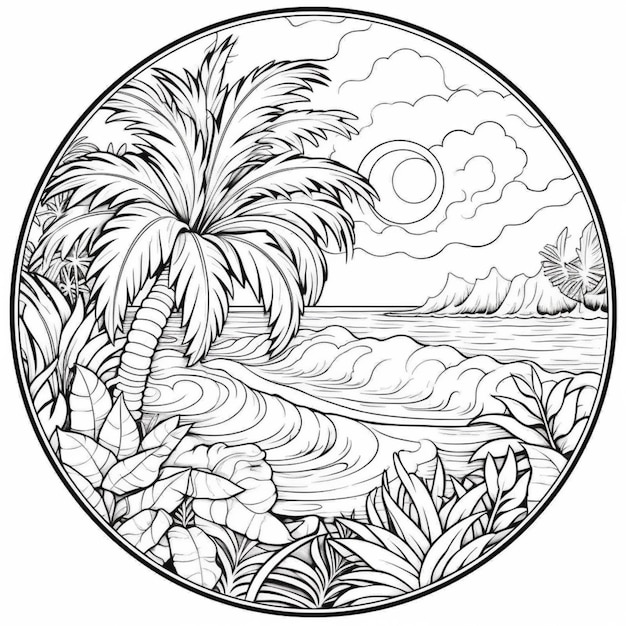 un dessin circulaire d'un paysage tropical avec des palmiers et un bateau ai génératif