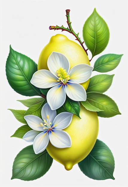 Dessin de citron et de feuille avec une fleur sur fond blanc