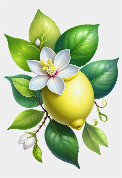 Dessin de citron et de feuille avec une fleur sur fond blanc