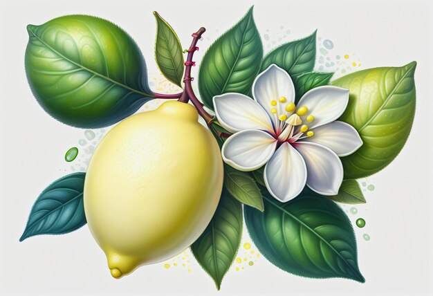 Dessin de citron et de feuille avec une fleur sur fond blanc