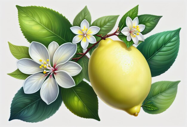 Dessin de citron et de feuille avec une fleur sur fond blanc