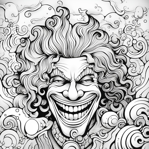un dessin d'un clown avec des cheveux bouclés et un sourire génératif ai