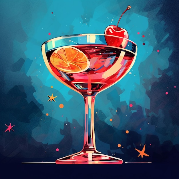 Un dessin d'un cocktail avec une cerise sur le fond.