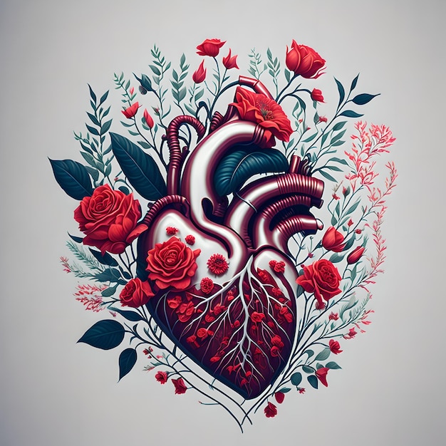 Un dessin d'un coeur avec des roses et des feuilles dessus