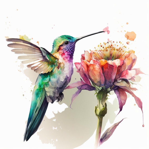 Dessin de colibri et de fleurs fond aquarelle AI générative