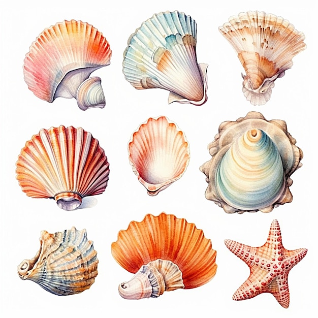 Un dessin d'une collection de coquillages et d'étoiles de mer.