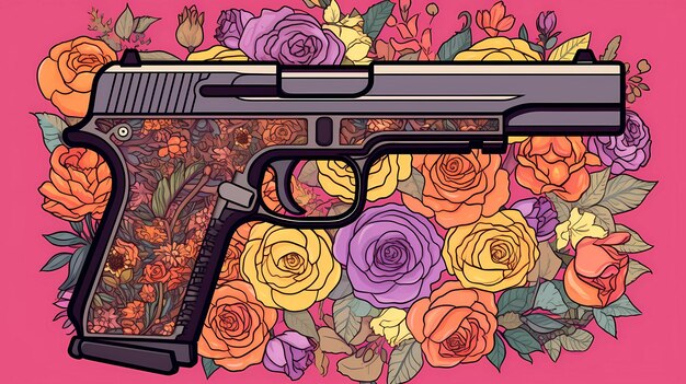 Un dessin coloré d'une arme à feu avec des roses sur le fond.