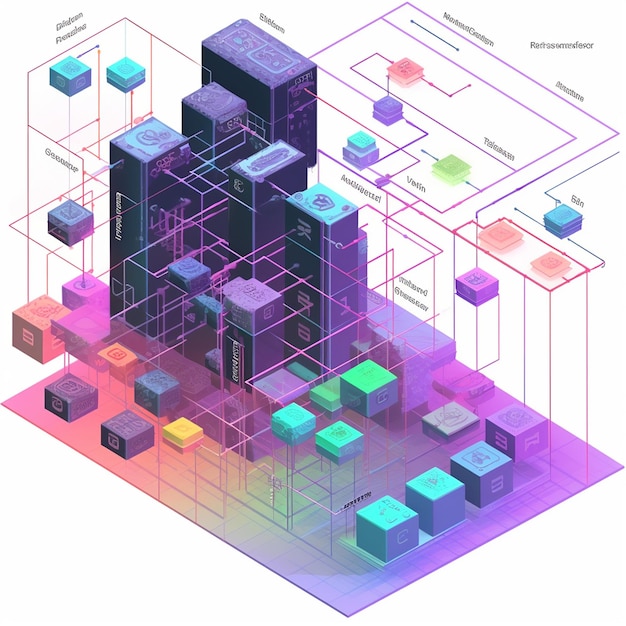 un dessin coloré d'un bâtiment avec de nombreuses couleurs et formes.