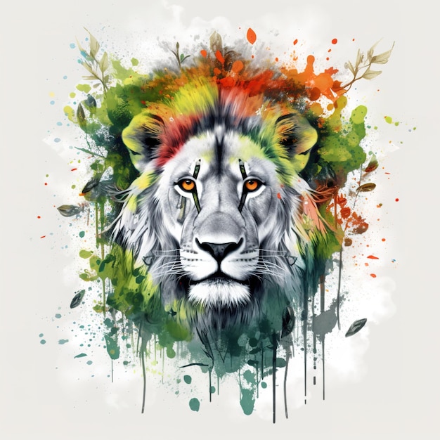 Un dessin coloré du visage d'un lion avec les couleurs de l'arc-en-ciel.