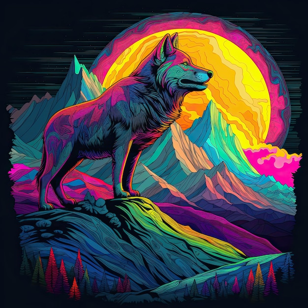 Dessin coloré d'un loup hurlant sur une colline avec la lune en arrière-plan Generative AI