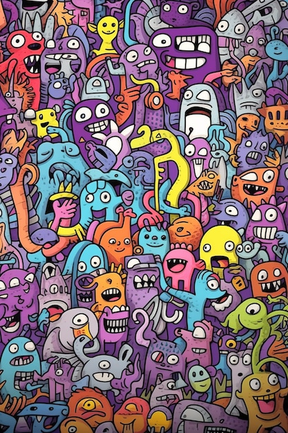 Un dessin coloré de nombreux monstres et l'un d'eux a un fond violet.