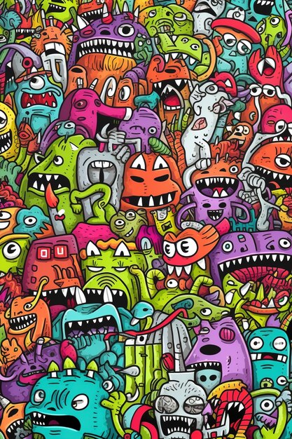 Un dessin coloré de nombreux monstres et l'un d'eux a un poisson dessus.