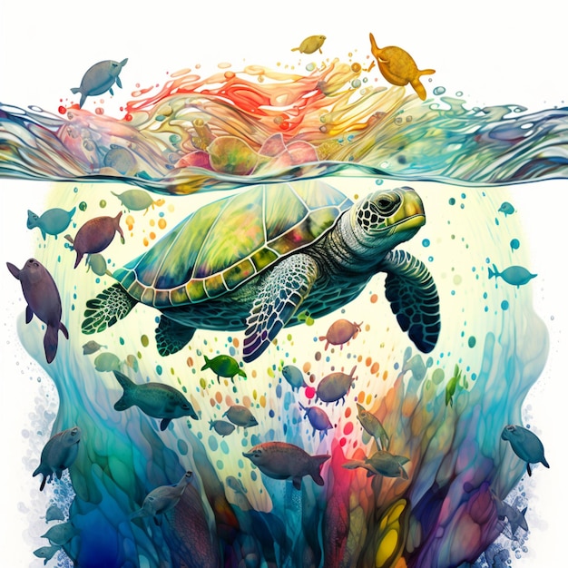 Un dessin coloré d'une tortue nageant sous l'eau avec un poisson dessus.