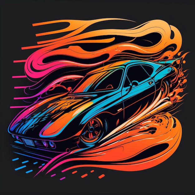 Photo un dessin coloré d'une voiture avec des flammes dessus
