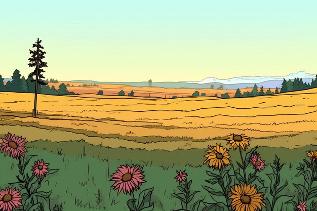 Dessin colorisé d'un pré de fleurs de campagne