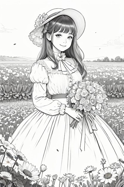 Photo dessin de contour d'une jeune fille tenant des fleurs dessin animé anime lineart illustration de manga en noir et blanc