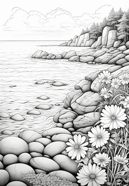 Photo dessin d'une côte rocheuse avec des fleurs et des rochers