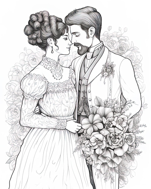 un dessin d'un couple dans une robe de mariée avec des fleurs