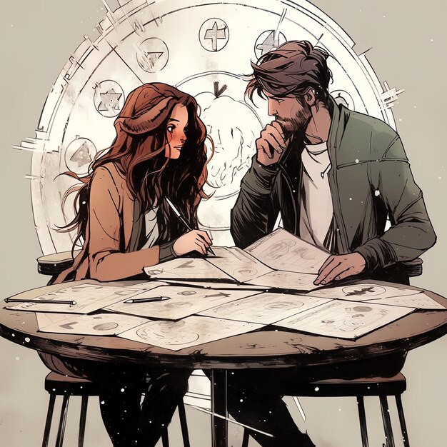 Photo un dessin d'un couple lisant un livre avec la date dessus