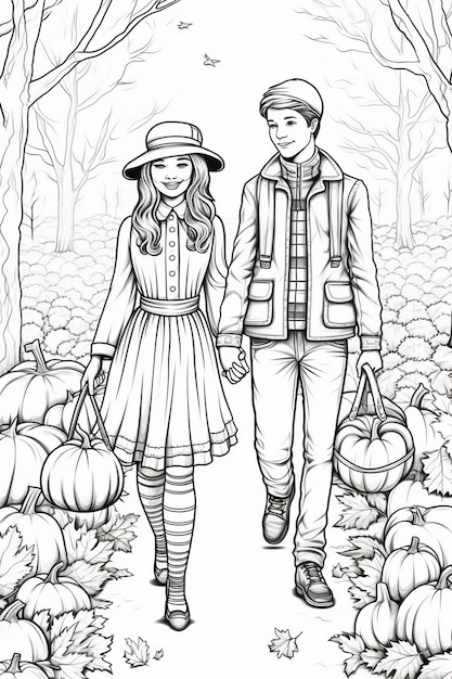 Photo un dessin d'un couple marchant dans un champ de citrouilles.