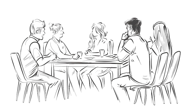 Photo un dessin d'un couple parlant à une table
