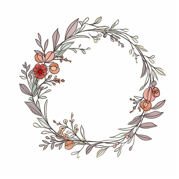 Un dessin d'une couronne de fleurs et de feuilles ai génératif