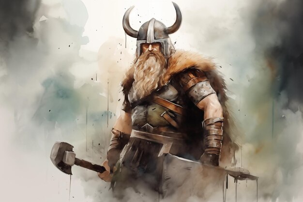 Photo dessin à crayon et à l'aquarelle d'un guerrier viking à barbe dans un casque avec une hache et un bouclier ai