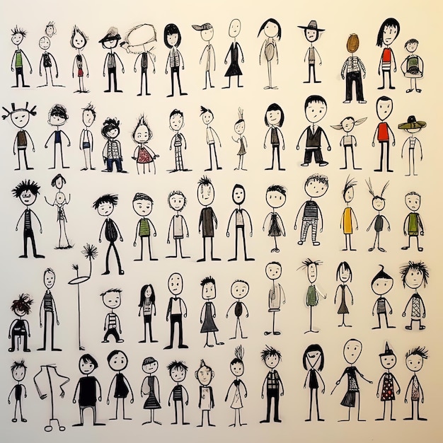 dessin en crayon de différentes personnes dans différentes poses et attitudes