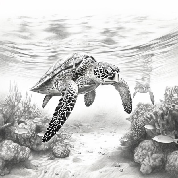 Photo dessin à crayon de tortues nageant dans l'eau de mer claire image générative d'ia