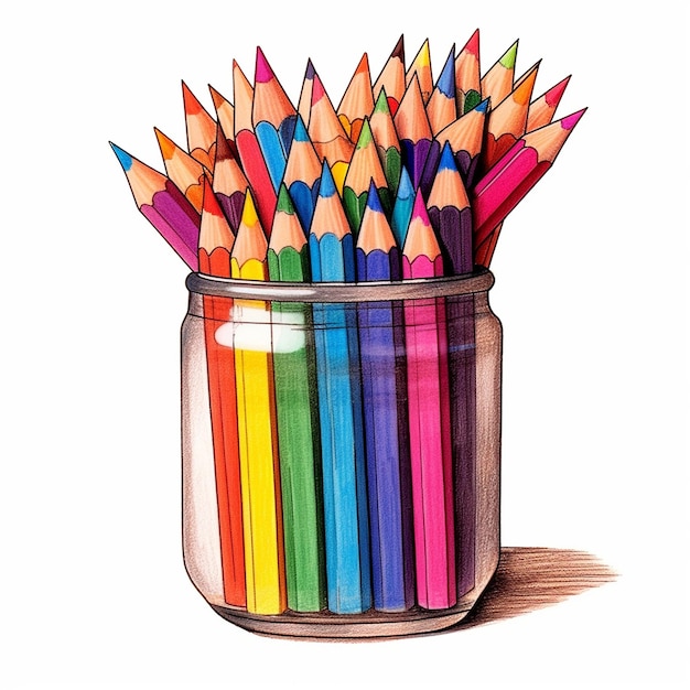 un dessin de crayons dans un pot avec un crayon dedans.