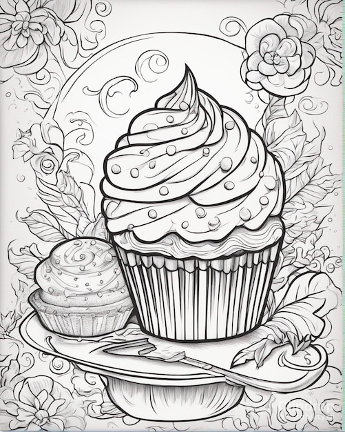 Photo un dessin d'un cupcake avec un cupcake dessiné à la main illustration de livre de coloriage