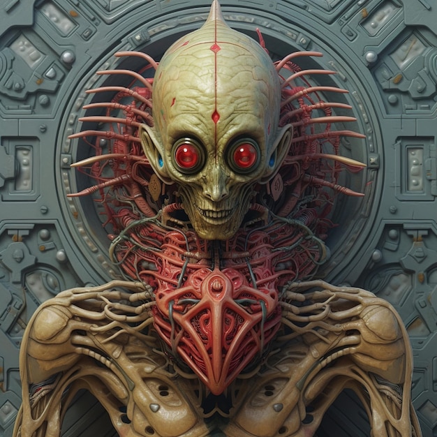 Un dessin d'un cyborg extraterrestre aux yeux rouges