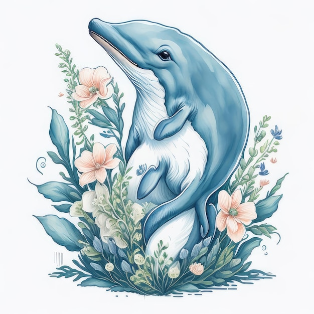 Un dessin d'un dauphin dans un style fleuri.