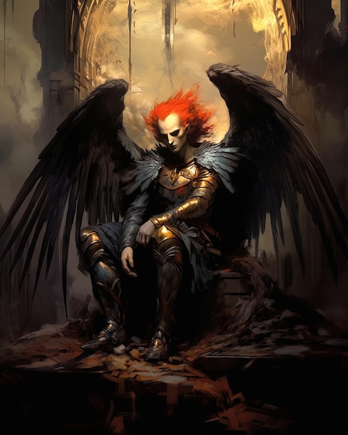 un dessin d'un démon avec des ailes et un diable en arrière-plan