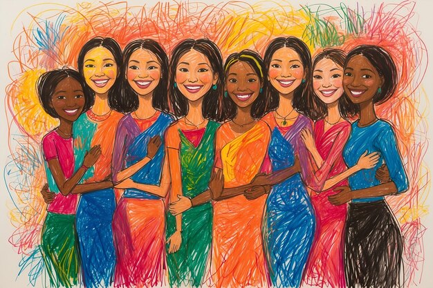 Dessin de dessin animé groupe diversifié de femmes heureuses et souriantes femmes jours dessin thème