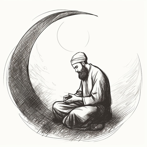 Dessin dessiné à la main d'un homme musulman priant avec l'illustration de la calligraphie d'Eid Mubarak