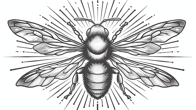 Photo dessin détaillé d'une abeille avec les ailes déployées l'abeille est face au spectateur et est entourée d'une explosion de lumière