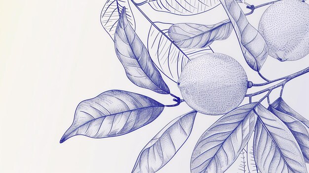 Dessin détaillé bleu et blanc d'une branche de citron avec des feuilles et des citrons