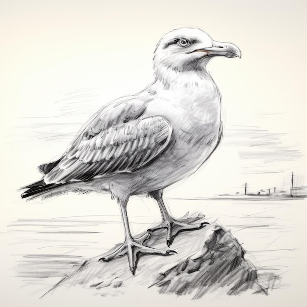 Dessin détaillé à crayon d'une mouette perchée sur un rocher avec de l'ombre