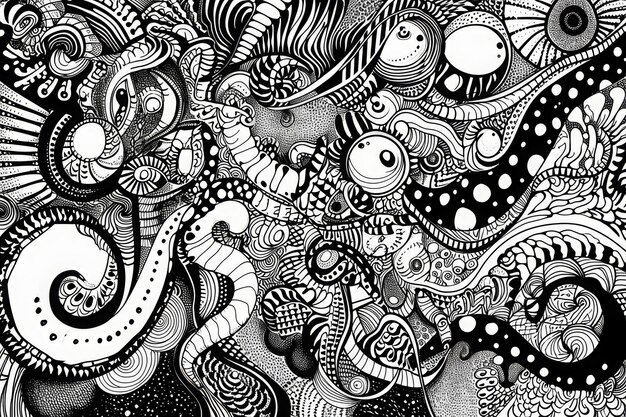 Un dessin détaillé en noir et blanc présentant diverses formes abstraites disposées dans une composition visuellement frappante Un dessin noir et blanc complexe inspiré d'un griffon généré par l'IA