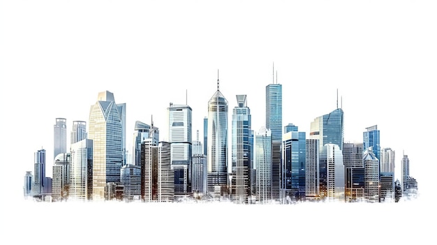 Un dessin détaillé d'un paysage urbain animé avec des gratte-ciel imposants