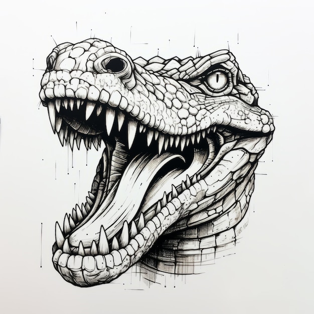 Un dessin détaillé de la tête d'un crocodile avec des contours audacieux