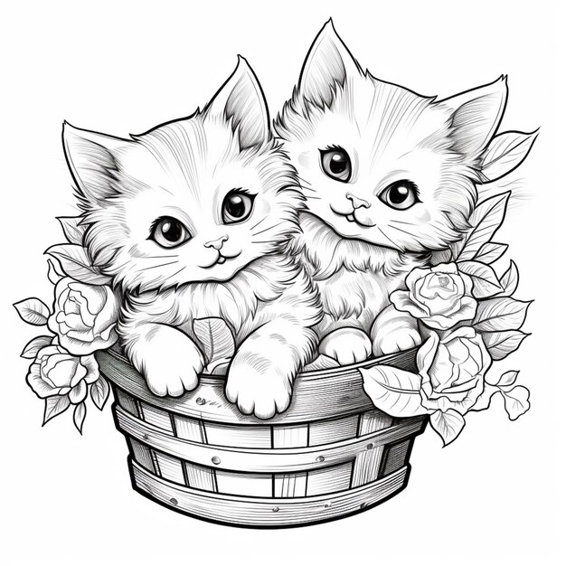 un dessin de deux chatons assis dans un panier avec des roses génératives ai