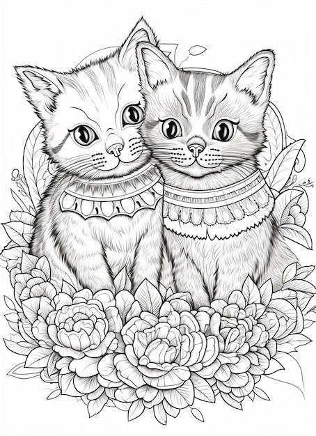 Photo un dessin de deux chats assis sur une couronne fleurie ai générative