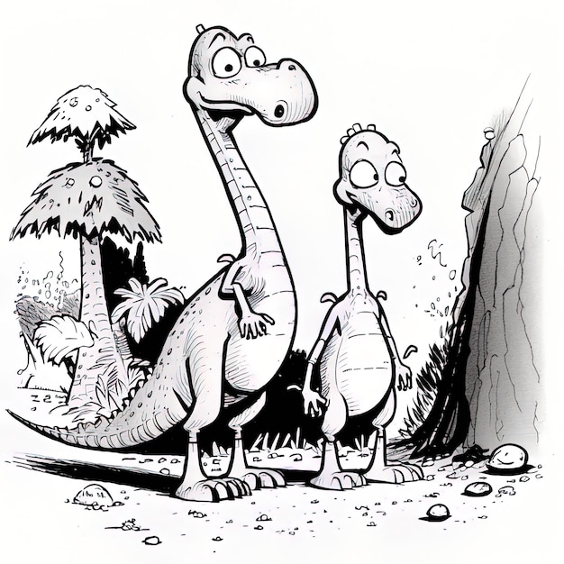 un dessin de deux dinosaures avec un visage dessus