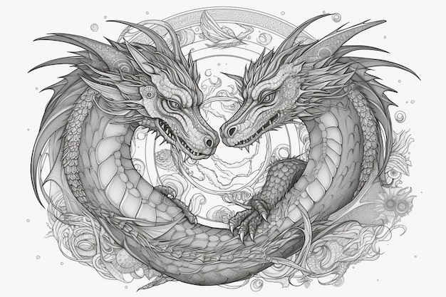 Un dessin de deux dragons en cercle