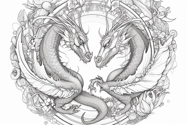 Un dessin de deux dragons face à face.