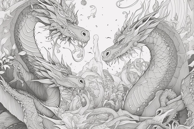 Photo un dessin de deux dragons avec une montagne en arrière-plan.