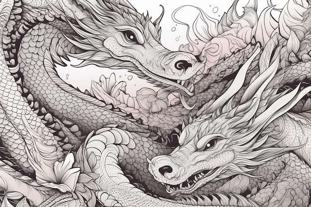 Un dessin de deux dragons avec le mot dragon en bas.
