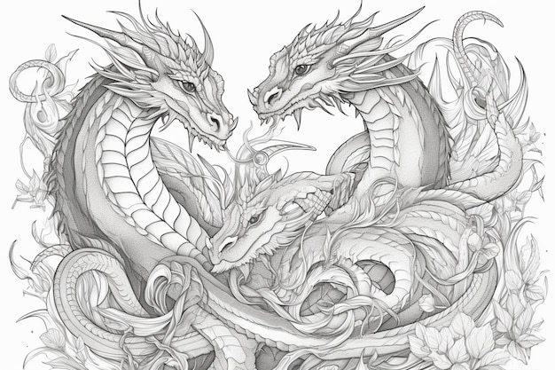 Un dessin de deux dragons avec les mots dragon sur le devant